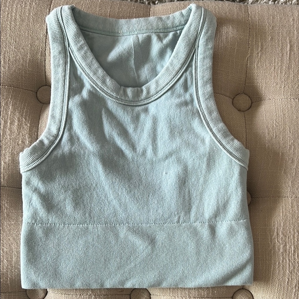 ALO Seamless Delight Cropped Ribbed Light Blue Tank Top